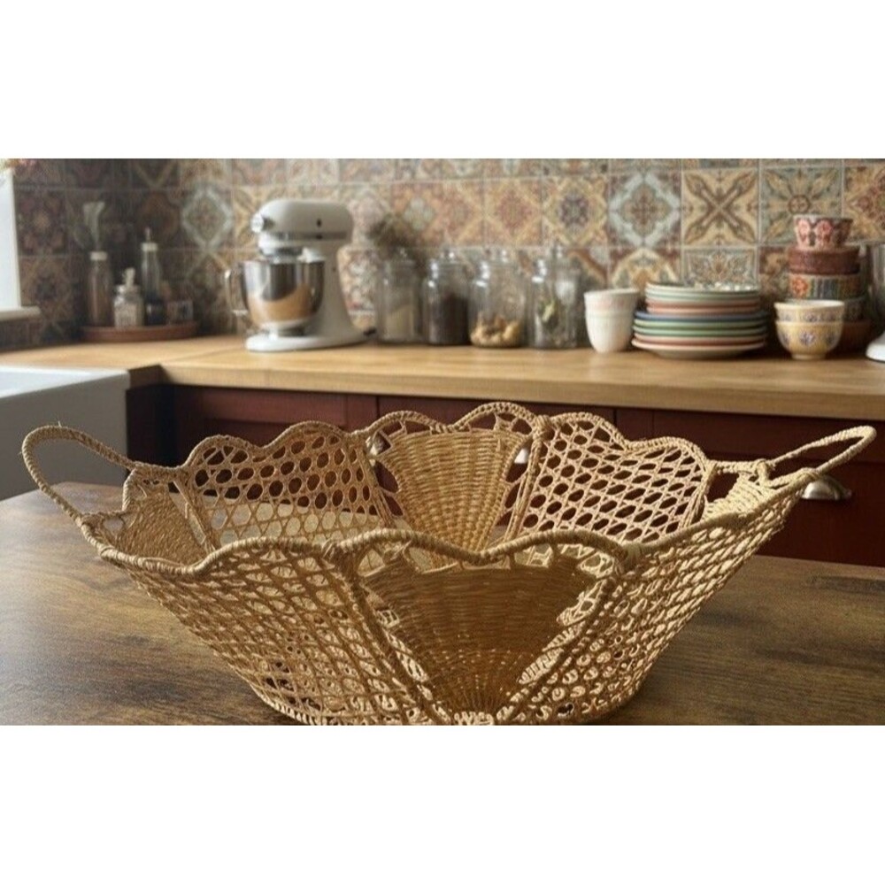Vintage Boho Woven Basket Bowl Open Lattice Centerpiece Tray w Handles 11” Long